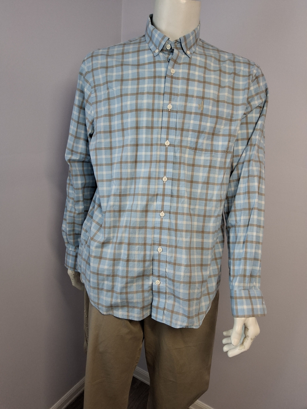 johnnie-O Men's Blue Brown White Plaid Woven Cotton Button-Down Hangin' Out XL